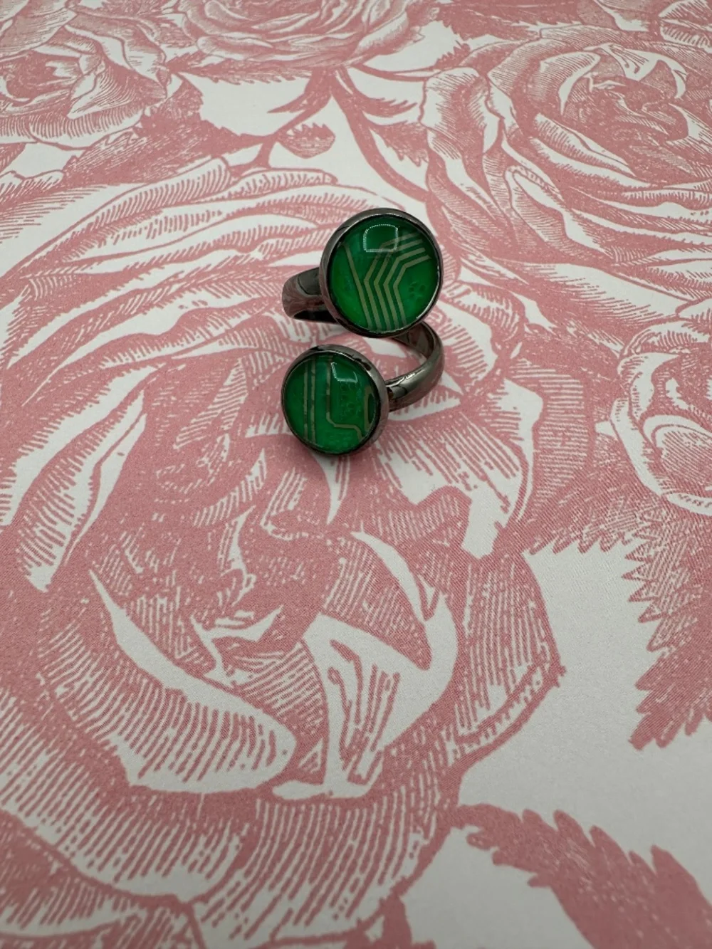 Adjustable Bypass Ring Dual-Cabochon Design Upcycled Green Circuit Boards